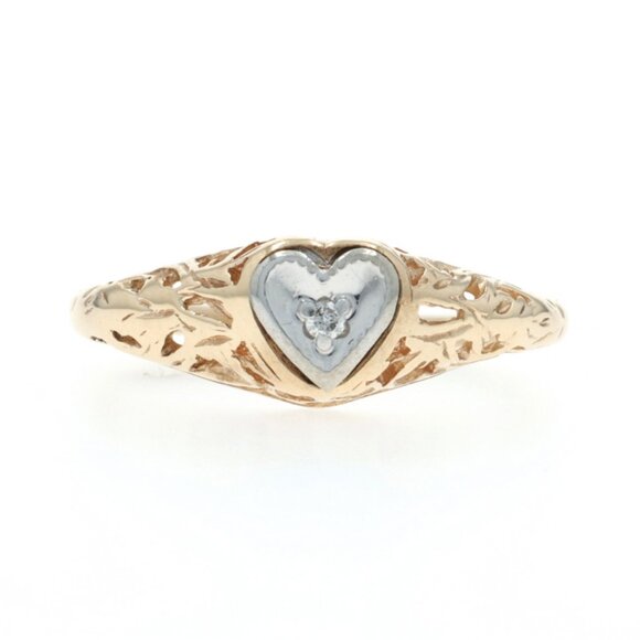 Yellow Gold Diamond Vintage Heart Solitaire Ring - 10k Round Brilliant Love - Picture 1 of 6